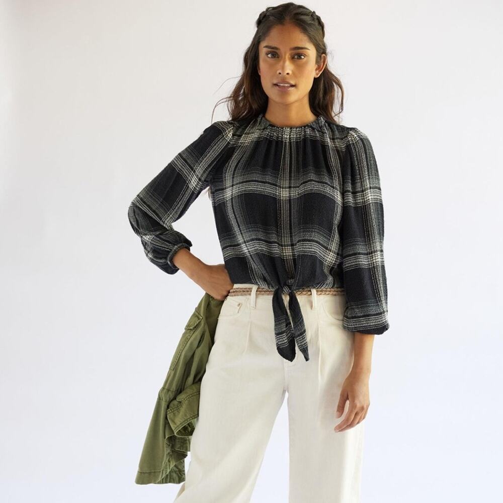 Anthropologie Cloth & Stone Black and White Plaid Tie Front Shirt M